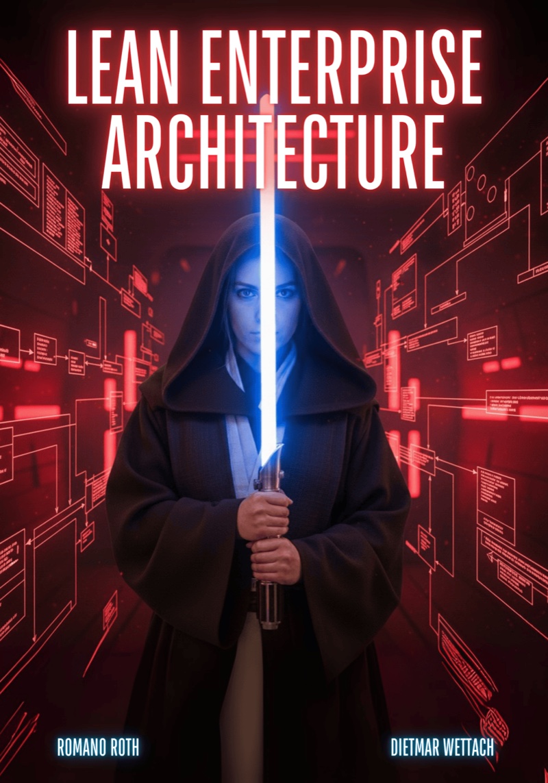 Cover of Lean Enterprise Architecture by Romano Roth and Dietmar Wettach: a hooded figure holding a blue blade in a red circuit-diagram corridor